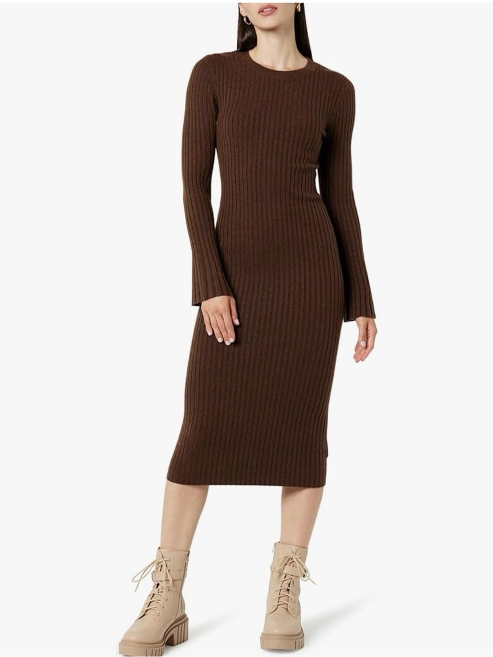 The Drop Fernanda Bell Sleeve Ribbed Sweater Dress Brown Medium NWT IN PKG